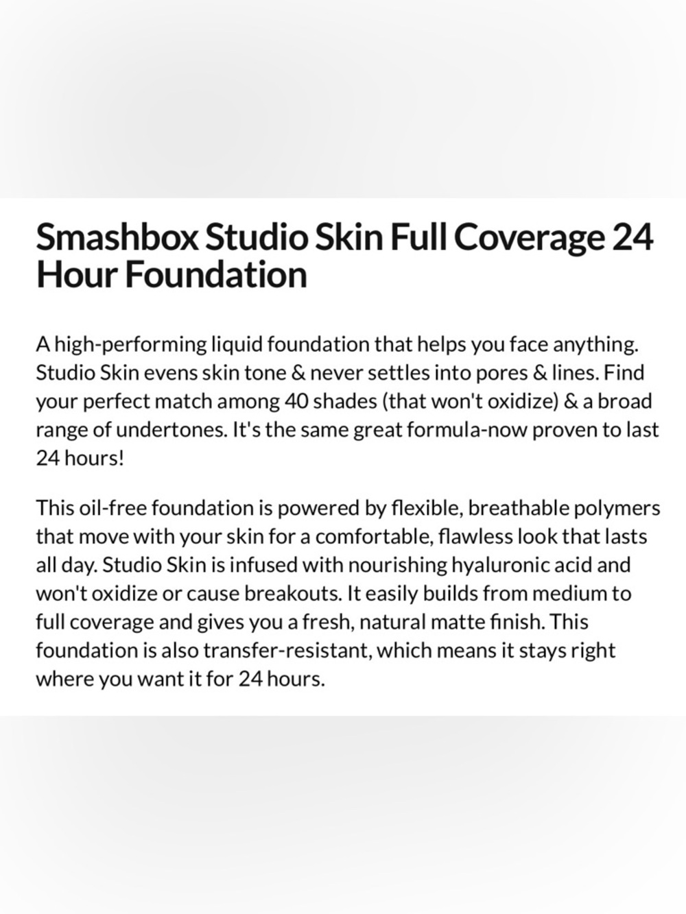 Smashbox Studio Skin Full Coverage 24 Hour Foundation 1.1 Fair Light Neutral - Picture 12 of 12
